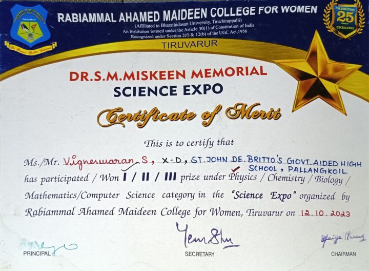 Delta Level Competition First Prize Certificate in Physics secured by Vigneswaran S